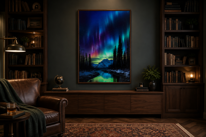 Framed canvas wall art of the Northern Lights over a snowy mountain and river in a dark study.