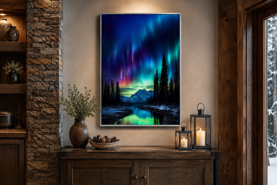 Framed canvas wall art of the Aurora Borealis over a snowy mountain landscape and river.