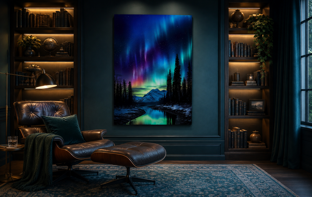 Northern Lights Aurora Borealis framed canvas wall art hanging in a dark, modern study.