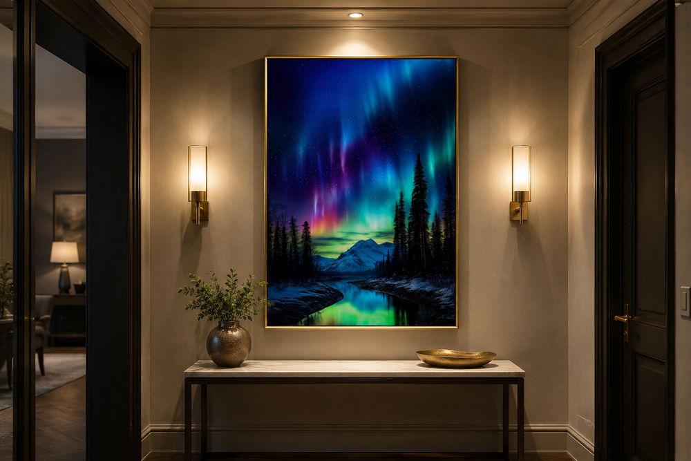 Framed canvas wall art of the Northern Lights over a snowy mountain and river in a hallway setting.