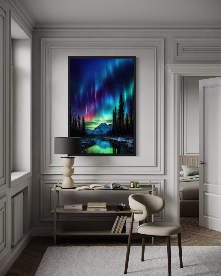 Northern Lights Aurora Borealis framed canvas wall art hanging in a modern living room.