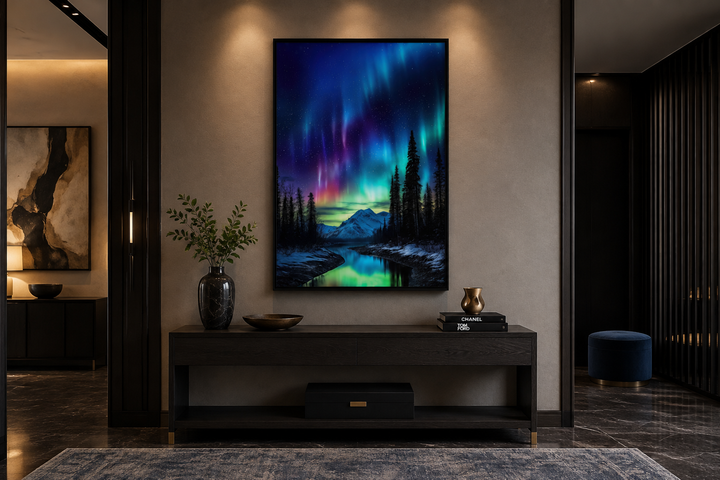 Framed canvas wall art of the Northern Lights over a mountain and river in a modern living room.