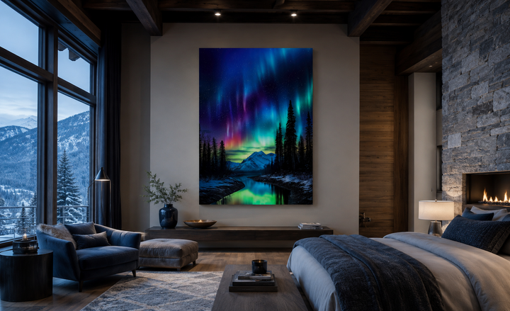 Northern Lights Aurora Borealis framed canvas wall art hanging in a modern bedroom above a console.