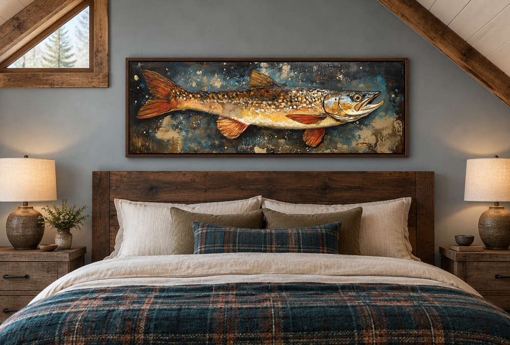 Northern Pike wall art canvas in a walnut frame above a rustic wooden bed in a cabin bedroom.
