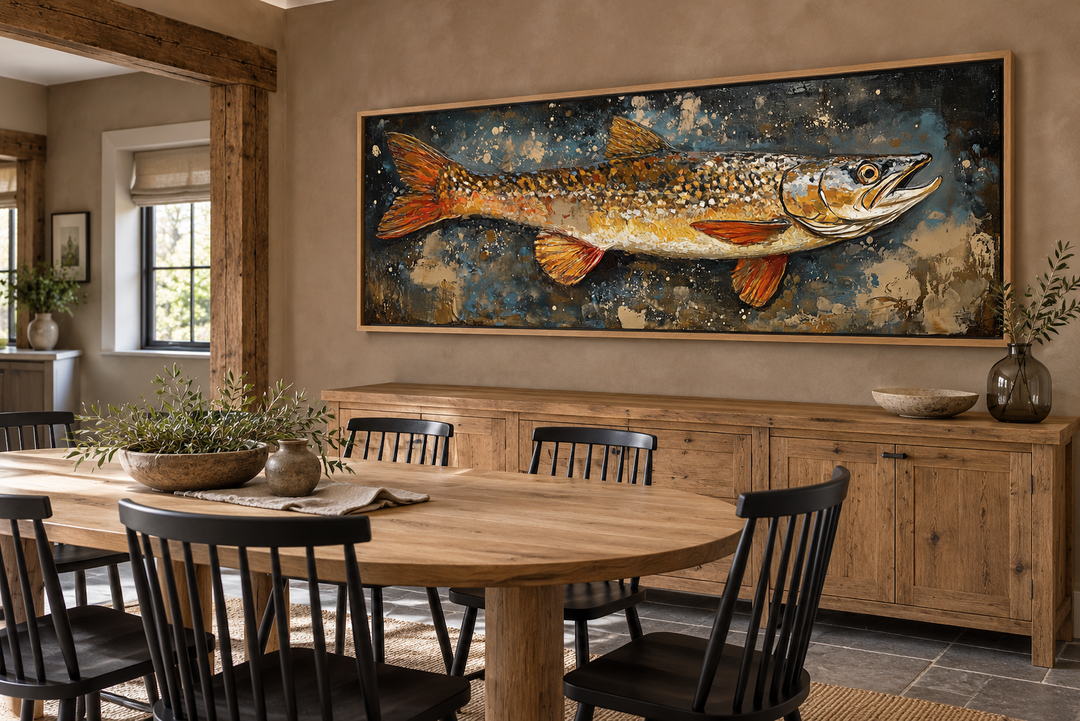 Northern Pike canvas wall art in a rustic dining room above a wooden sideboard.