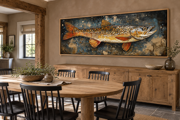 Northern Pike canvas wall art in a rustic dining room above a wooden sideboard.