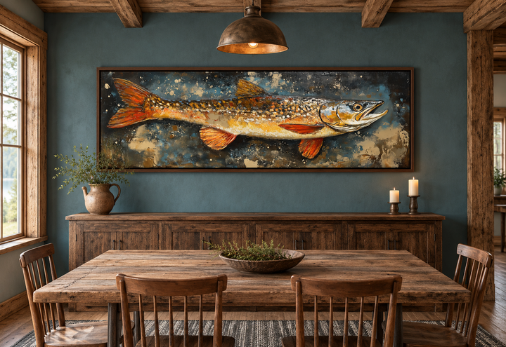 Northern Pike canvas wall art in a rustic dining room with wood furniture and teal walls.