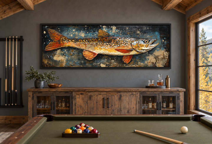 Northern Pike canvas wall art in a rustic game room above a wooden bar and pool table.