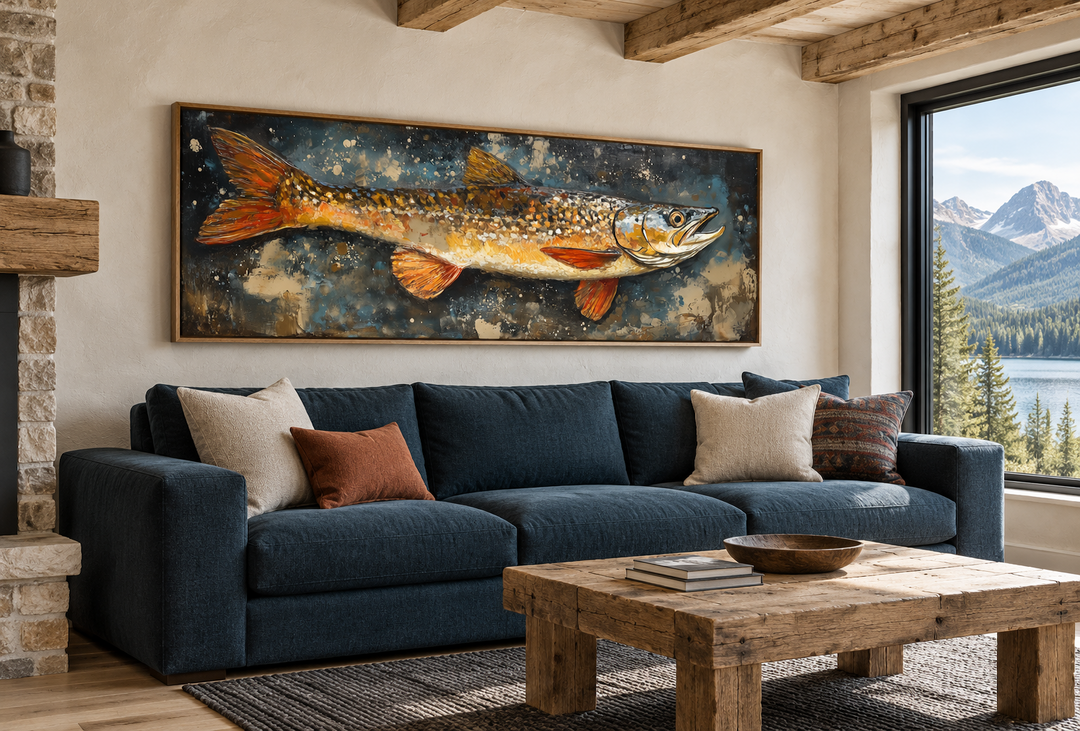 Northern Pike canvas wall art in a rustic living room with a blue sofa and mountain view.