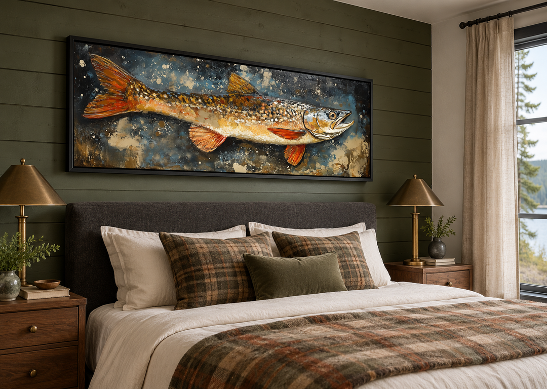 Northern Pike canvas wall art in a black frame above a bed in a rustic cabin bedroom.
