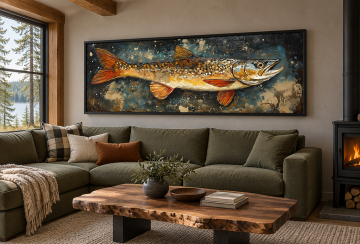 Northern Pike canvas wall art in a black frame above an olive green sectional in a rustic cabin.