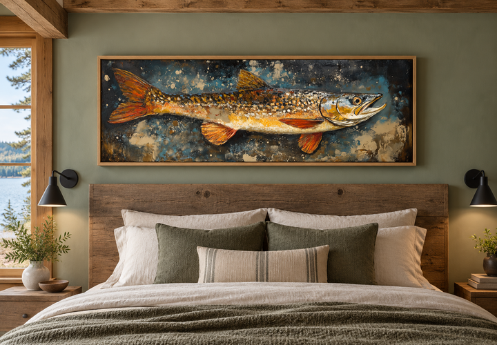 Northern Pike canvas wall art in a rustic frame above a bed in a lodge-style bedroom.