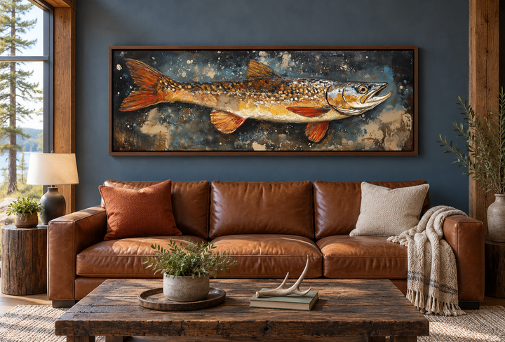 Northern Pike canvas wall art in a rustic living room with a leather sofa and wood coffee table.