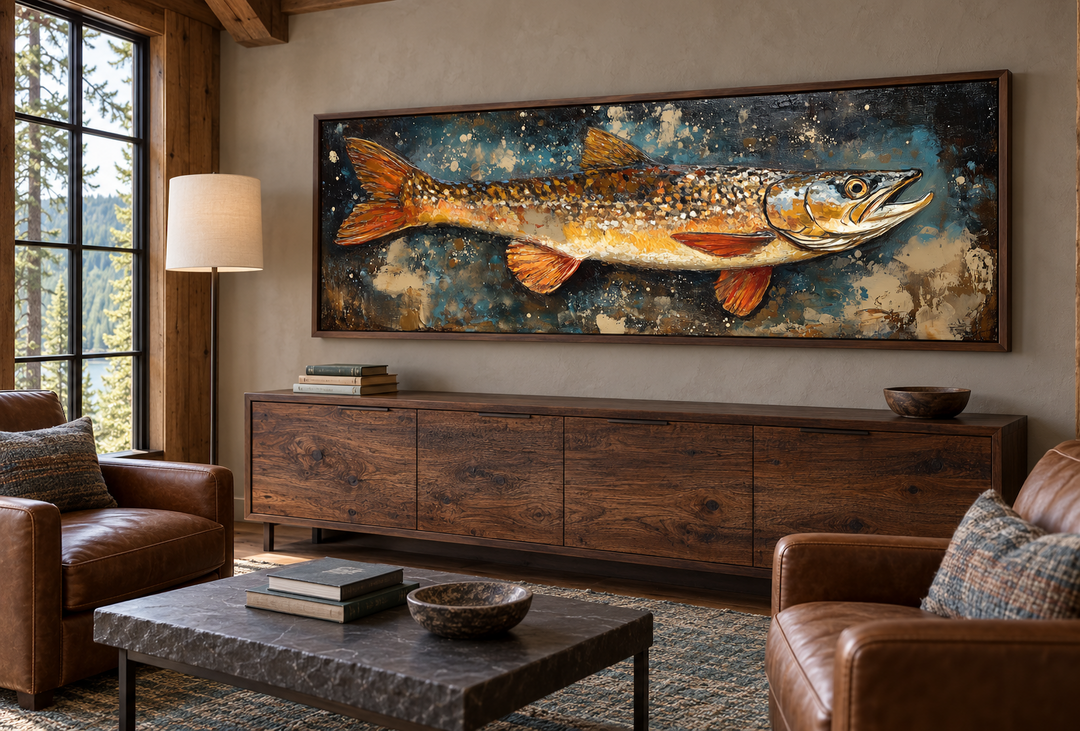 Northern Pike canvas wall art in a rustic lodge living room with leather chairs and wood furniture.
