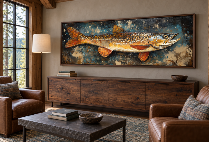 Northern Pike canvas wall art in a rustic lodge living room with leather chairs and wood furniture.