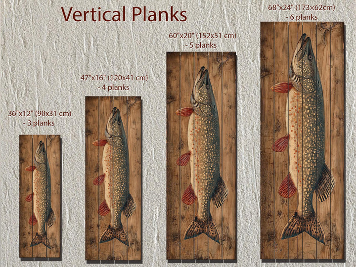 Vertical wood wall art featuring a northern pike illustration in four different sizes.