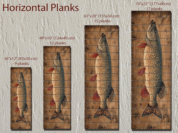 Vertical northern pike wall art on horizontal wood planks, shown in four different sizes.