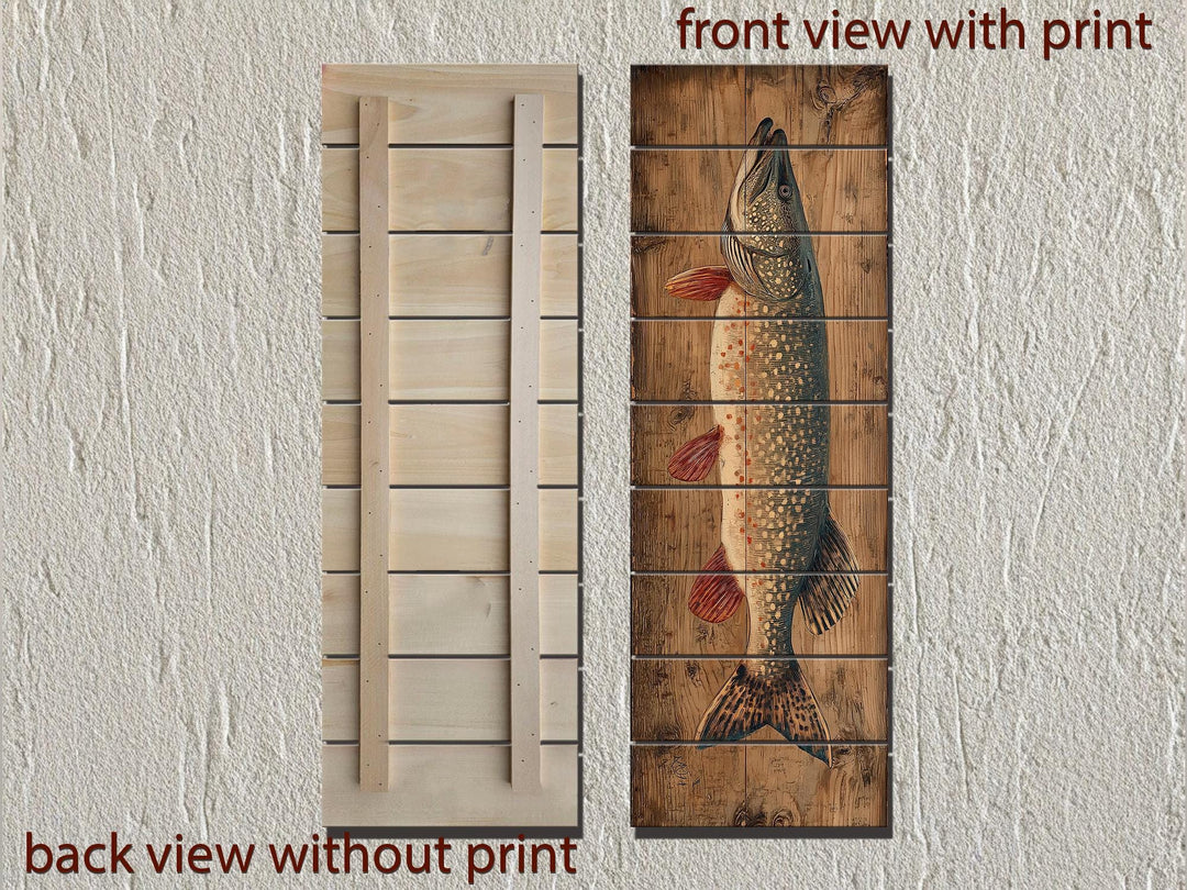 Vertical rustic wood wall art featuring a detailed northern pike print on distressed planks.