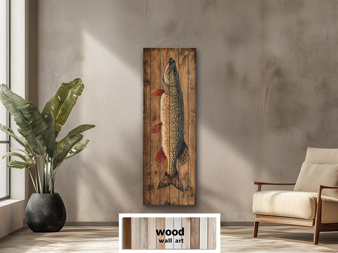 Vertical rustic wood wall art featuring a detailed northern pike illustration for cabin decor.