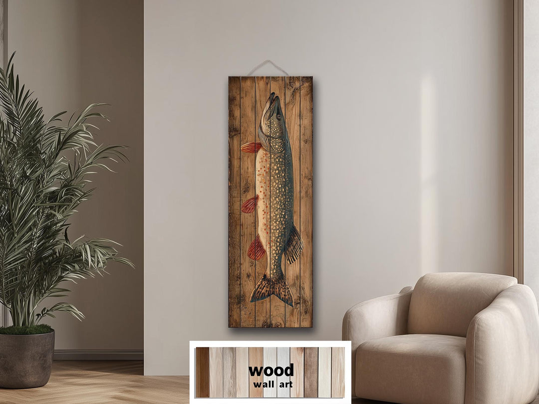 Vertical wood wall art featuring a rustic northern pike illustration in a neutral living room.
