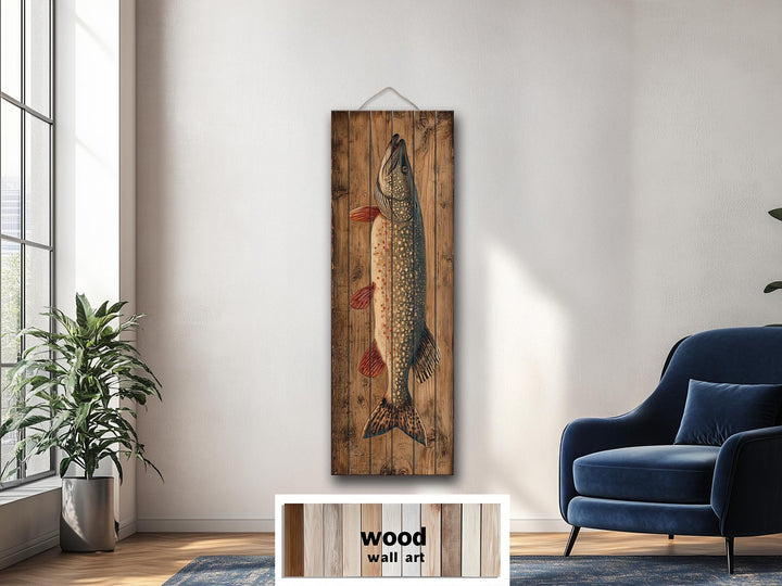 Vertical rustic wood wall art featuring a detailed northern pike illustration for cabin decor.