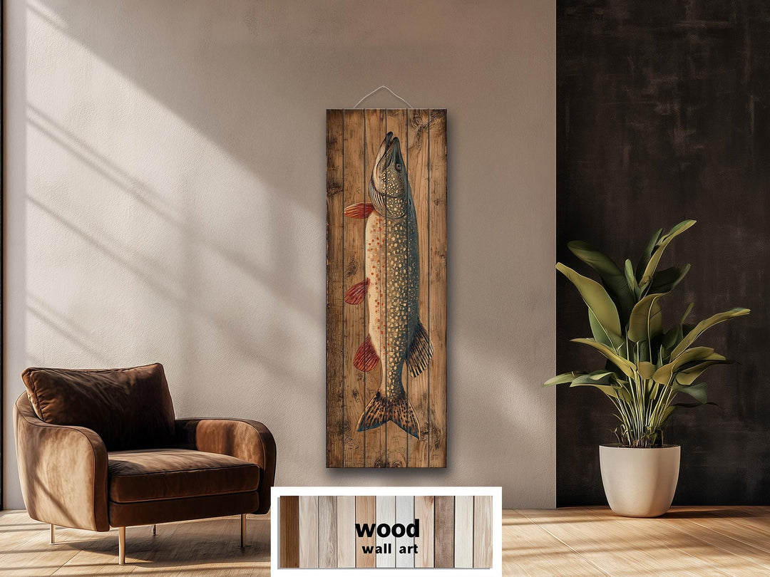 Vertical distressed wood wall art featuring a detailed northern pike in a rustic cabin setting.