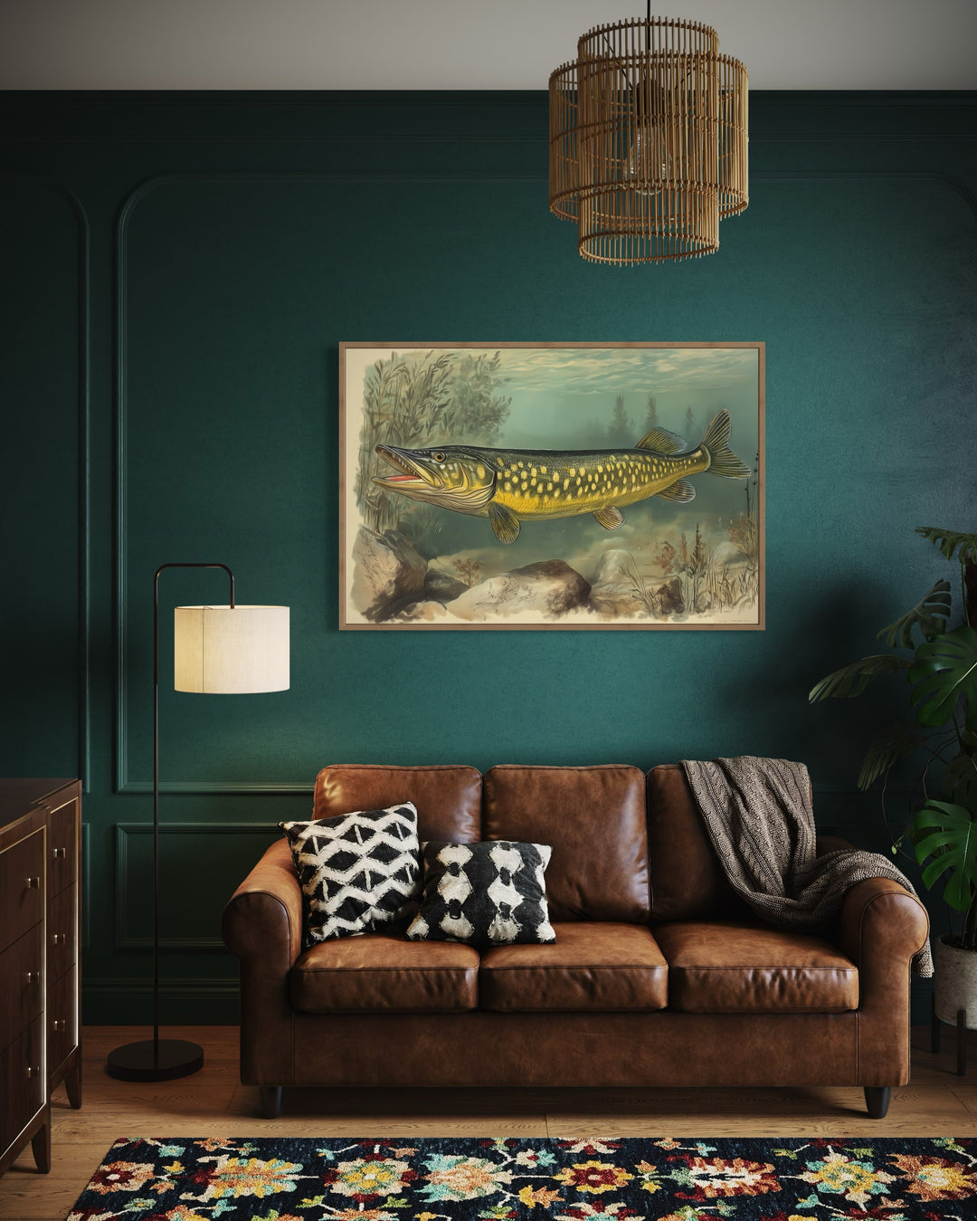 Northern Pike Vintage Fish Painting Framed Canvas Wall Art