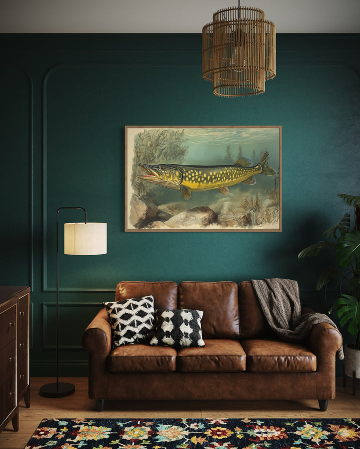 Northern Pike Vintage Fish Painting Framed Canvas Wall Art