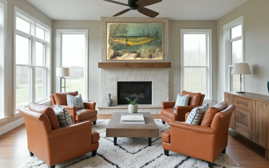 Northern Pike Vintage Fish Painting Framed Canvas Wall Art