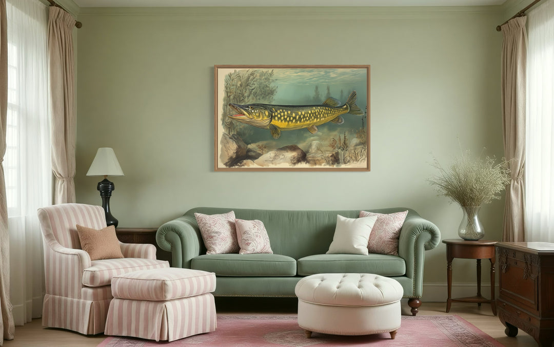 Northern Pike Vintage Fish Painting Framed Canvas Wall Art