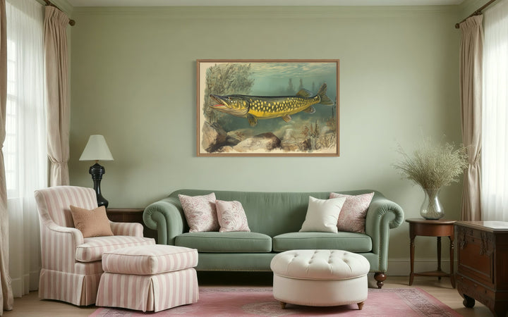 Northern Pike Vintage Fish Painting Framed Canvas Wall Art