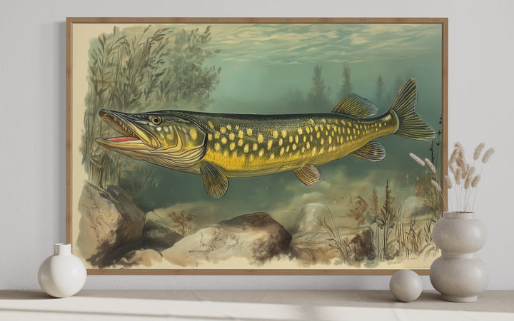 Northern Pike Vintage Fish Painting Framed Canvas Wall Art