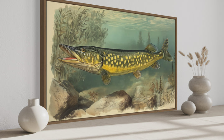 Northern Pike Vintage Fish Painting Framed Canvas Wall Art