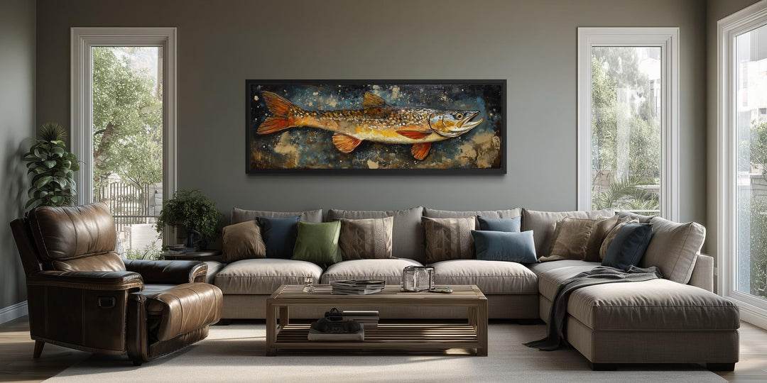 Northern Pike wall art featuring a fish on a dark, textured background.