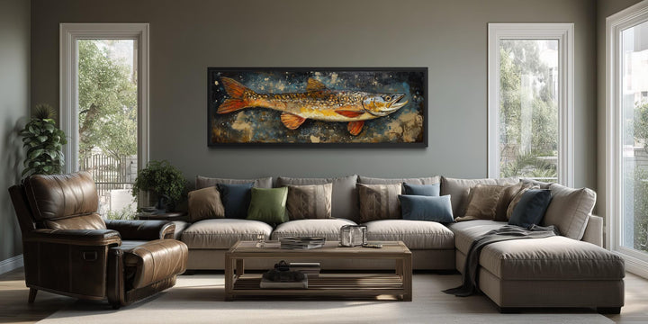 Northern Pike wall art featuring a fish on a dark, textured background.