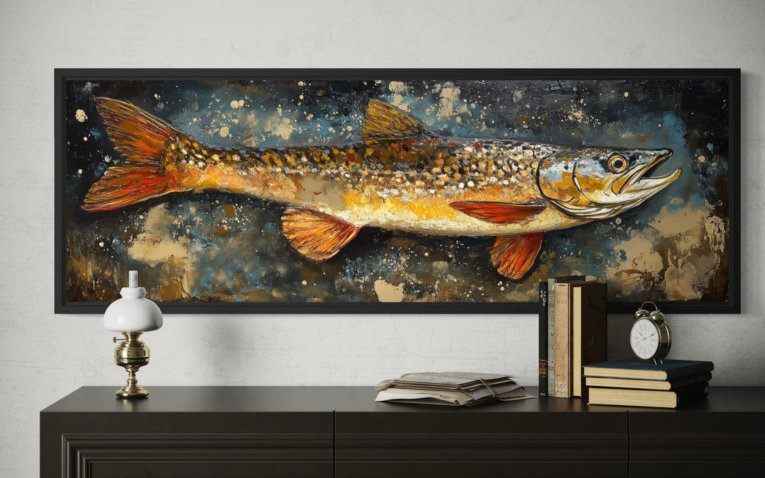 Northern Pike wall art canvas print featuring a rustic fish painting in a black frame.