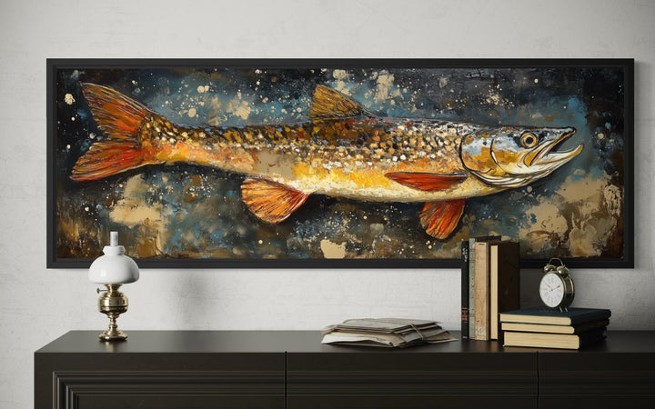 Northern Pike wall art canvas print featuring a rustic fish painting in a black frame.