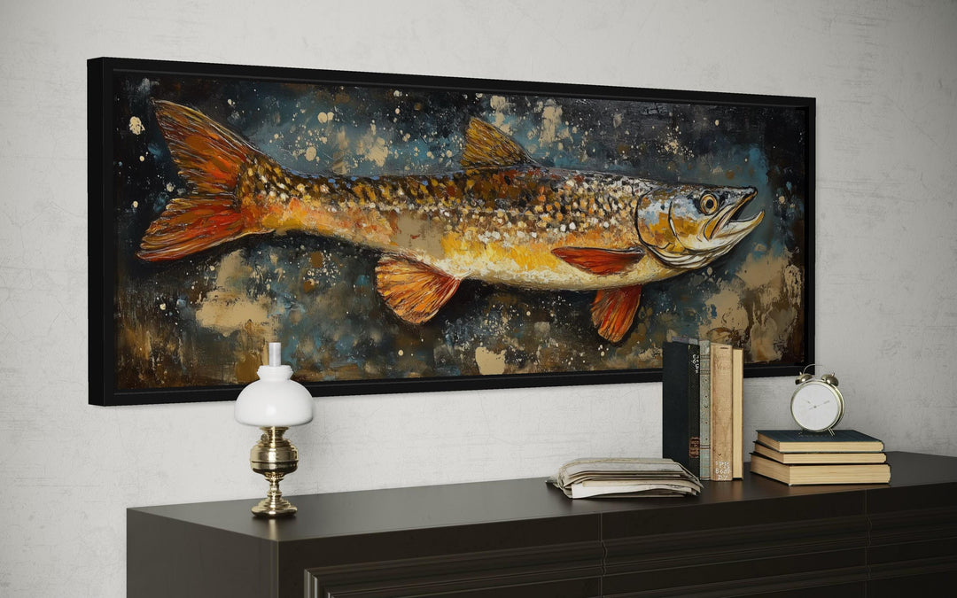 Northern Pike wall art featuring a rustic fish canvas print in a black frame above a dark dresser.
