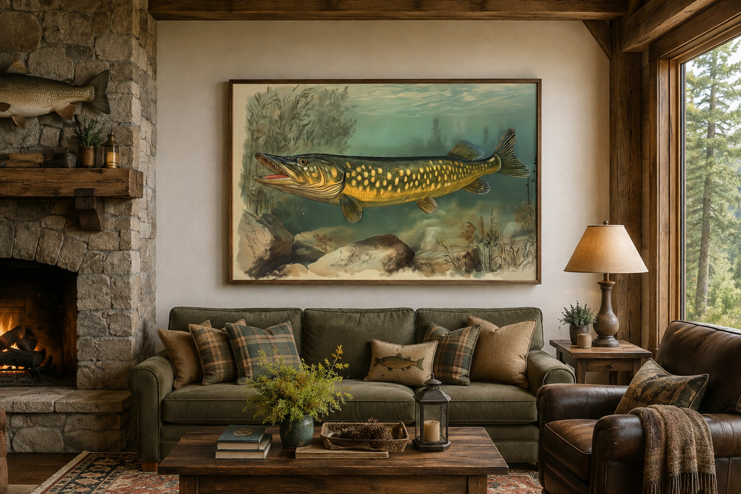 Northern Pike vintage fish painting on framed canvas in a rustic cabin living room.