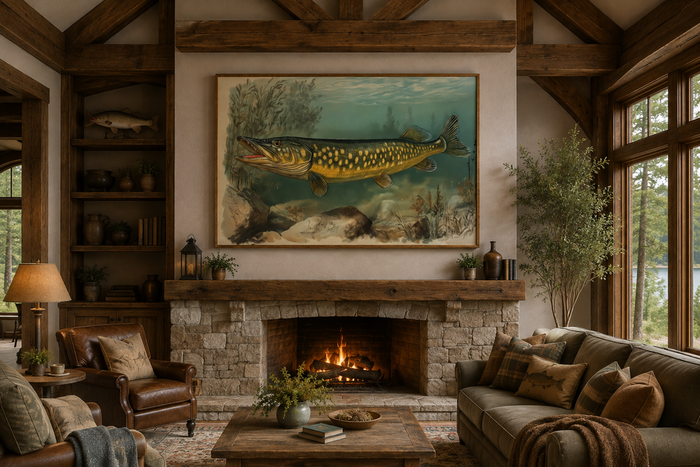 Northern Pike vintage fish painting framed canvas wall art above a stone fireplace in a rustic room.