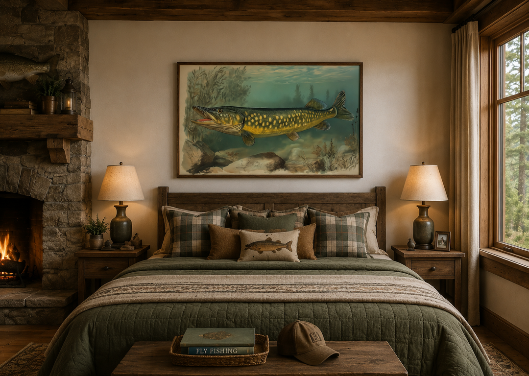 Northern Pike vintage fish painting on framed canvas above a bed in a rustic cabin bedroom.