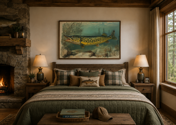 Northern Pike vintage fish painting on framed canvas above a bed in a rustic cabin bedroom.