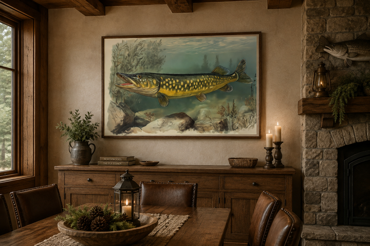 Framed vintage Northern Pike fish painting on canvas in a rustic cabin dining room.