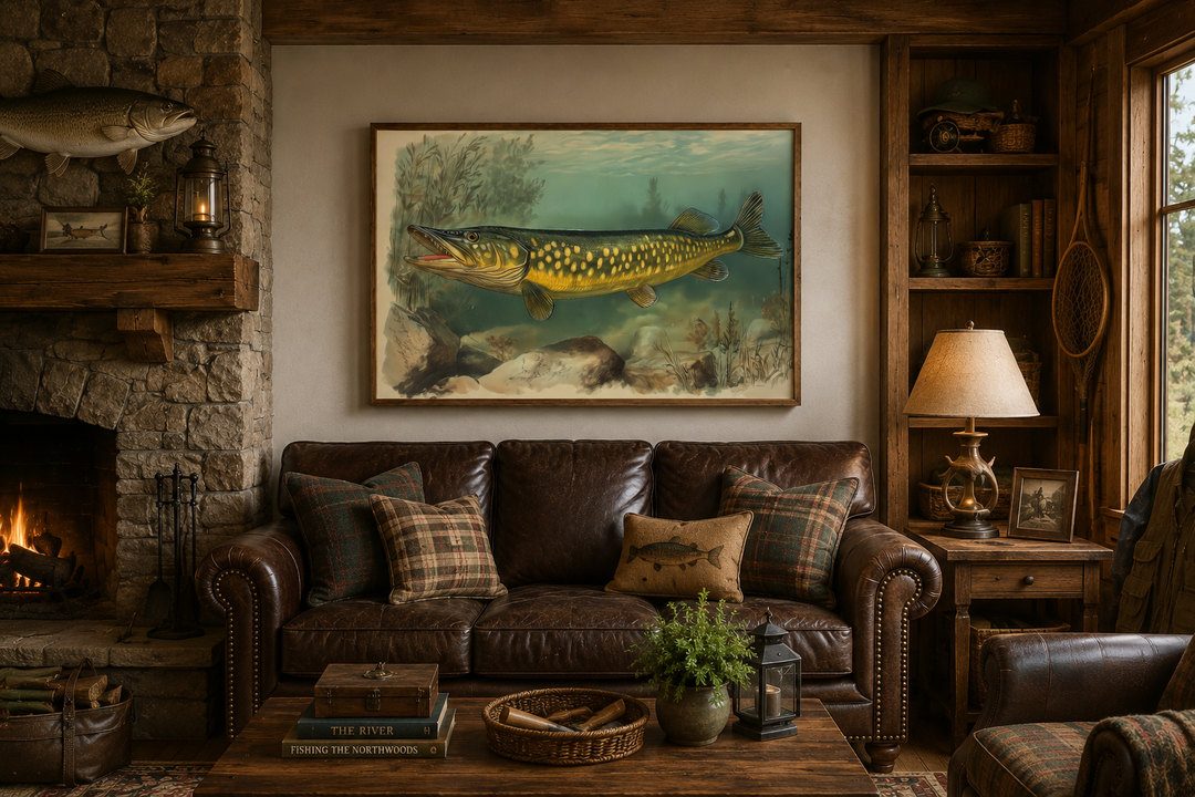 Northern Pike vintage fish painting on framed canvas above a brown leather sofa in a rustic cabin.