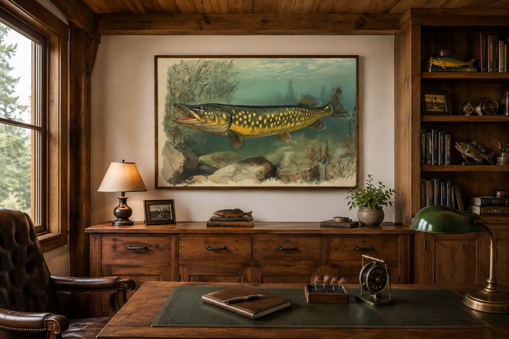 Framed vintage Northern Pike fish painting on a canvas, displayed in a rustic wood-paneled office.