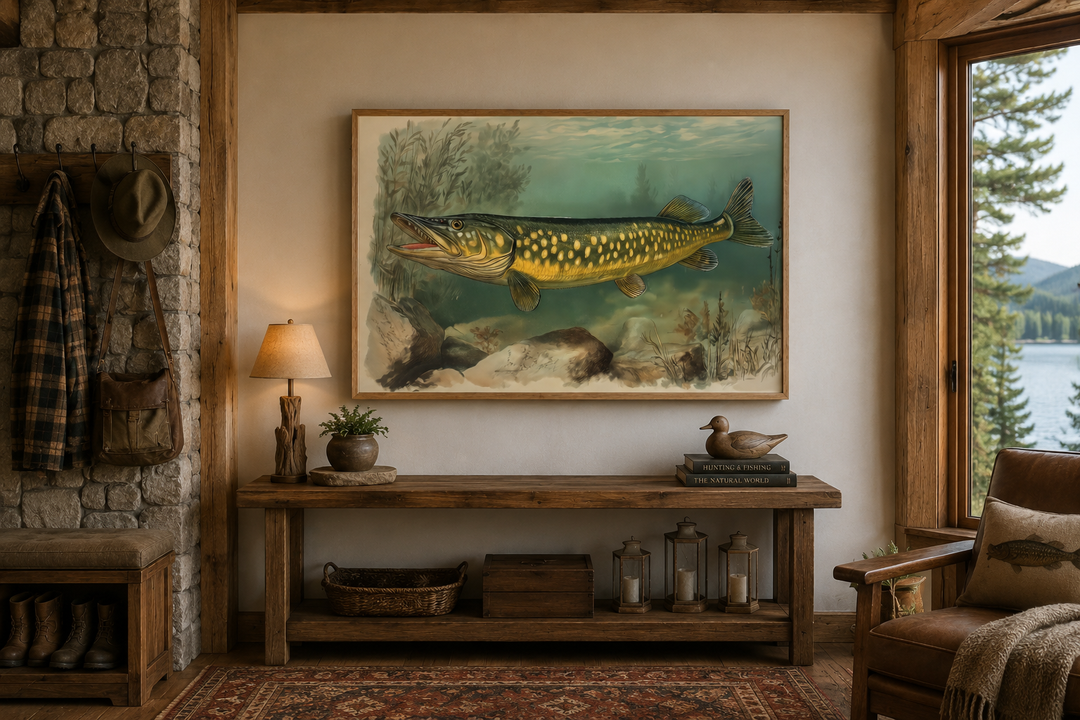 Northern Pike vintage fish painting framed canvas wall art in a rustic cabin living room.