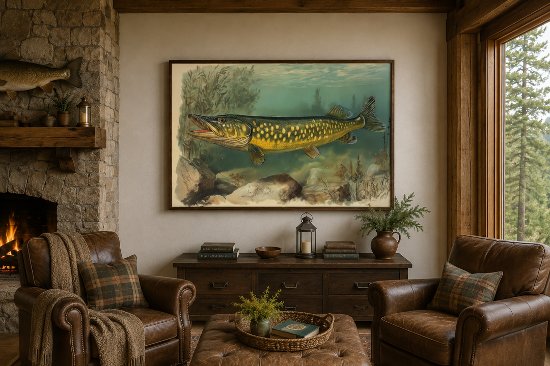 Northern Pike vintage fish painting framed on a wall in a rustic cabin living room.