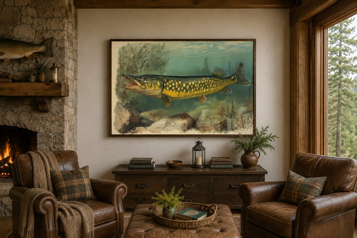 Northern Pike vintage fish painting framed on a wall in a rustic cabin living room.