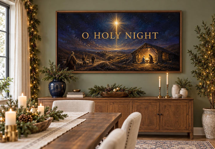 O Holy Night Nativity framed canvas wall art above a wooden sideboard in a festive dining room.