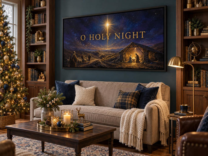 O Holy Night Nativity Framed Canvas Wall Art above a sofa in a cozy, decorated living room.